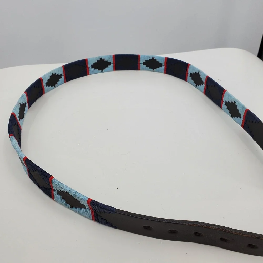 Pioneros Leather Polo Belt Pampa Diamond Blue Navy Red Size 110 Western Aztec